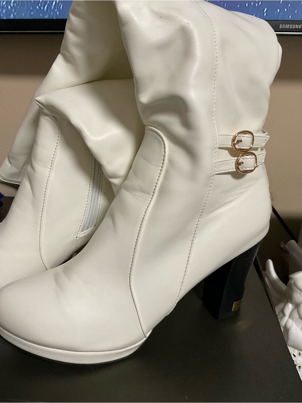 White Mid-Calf Heeled Boots with Gold Buckle Accents